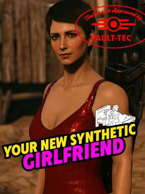 A digitally altered image featuring a woman in a red dress, with a game-like interface of Vault-Tec branding overlaid. The image has a gaming aesthetic, with bold text overlay.