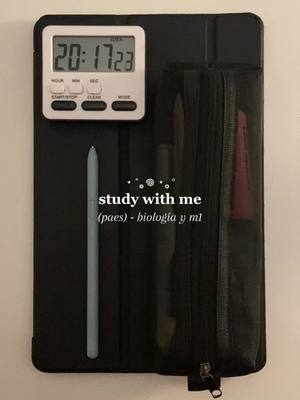 The image displays a study setup against a neutral background. A black tablet case is the backdrop, with a digital timer in the upper-left corner showing the time. A stylus rests vertically to the left of a black pencil case. Inside the case, a few writing tools are visible. Across the image is the text, a Study With Me title in white, with the bio of the study session below.
