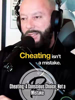 A man with a beard and headphones is speaking into a microphone. Text overlays read "Cheating isn't a mistake" and "Cheating: A Conscious Choice, Not a Mistake." The man is centered against a blurred background, with a circular logo visible towards the bottom.