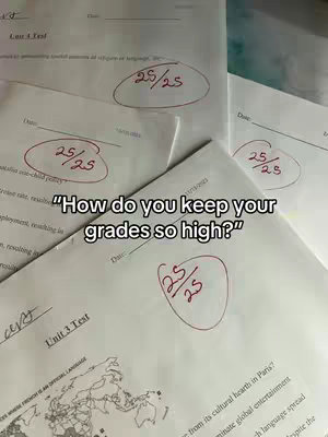 The image shows a collection of test papers with high scores circled in red, and the question 'How do you keep your grades so high?' overlaid at the bottom.
