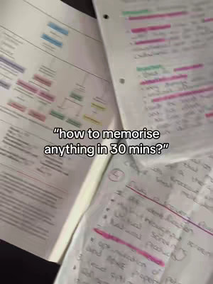An overhead shot shows a table covered in open textbooks and handwritten notes. The text overlay in the lower center reads: \"how to memorise anything in 30 mins?\"