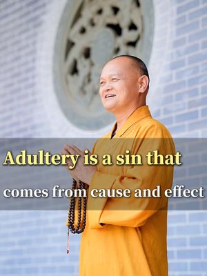 A man in orange Buddhist robes is seen in a medium shot, with hands clasped in prayer. He is smiling in front of a light-colored brick wall with a circular patterned design behind him. Text overlay in yellow and white states, 'Adultery is a sin that comes from cause and effect'.