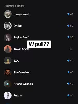 A screenshot from an app, showing a list of "Featured Artists" and the amount of times their songs have been played. A text overlay that reads "W pull??" at the center.