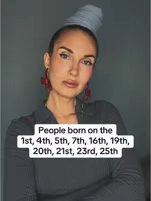 The image features a woman with a light blue head wrap, dark eyeliner, and dark auburn red drop earrings with detailed accents. She is the primary focus in front of a gray backdrop. A text box at the bottom of the image lists dates. She wears a dark gray shirt.