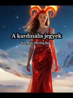 A woman in a red dress stands in a snowy landscape with a horned headdress, with text overlays in Hungarian.