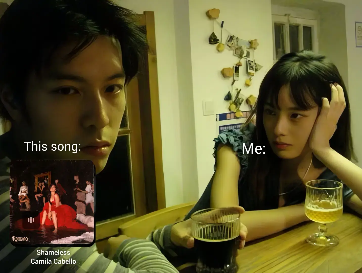 A split-screen image featuring two individuals in a domestic setting; on the left, a person with short dark hair gazes intently at the camera, next to a movie poster. On the right, a person with long dark hair rests their head on their hand, with a serious expression, holding a glass. The background reveals a simple dining setting. The image creates a juxtaposition between the content and the viewer’s reaction, utilizing the setting to create context for a music recommendation.
