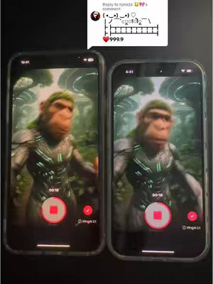 Image shows two phones side-by-side, each displaying the same video footage, centered around a CGI ape character set against blurred, jungle-like background. Both phone screens include a red record button and other in-app interface elements. A comment overlay appears at top of the image.