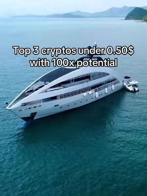 A high-angle, eye-level shot showcases a luxurious yacht sailing on a turquoise sea, under a bright sky. The yacht is primarily white, with sleek lines and multiple decks, and a small boat is seen attached to the side. The text overlay reads 'Top 3 cryptos under 0.50$ with 100x potential'.