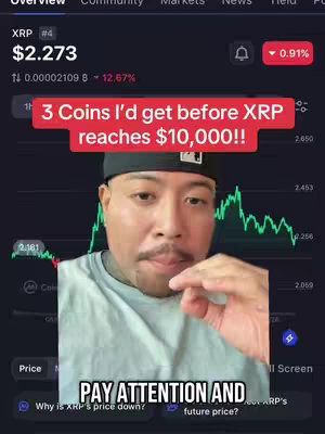 A man with a mustache and a black cap is centered in the frame, positioned against a backdrop that appears to be a stock chart from a crypto trading platform. The image has a dark theme with shades of blue and green dominating the background. A red text overlay states, '3 Coins I'd get before XRP reaches $10,000!!'. Additional text at the bottom reads 'PAY ATTENTION AND', and the man seems to be addressing the viewer, with his hand near his face.