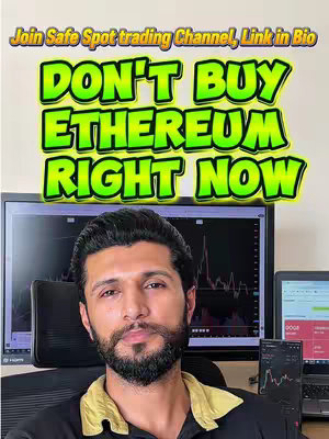 A man with a beard is positioned in front of a computer monitor with a chart displayed. Text overlays that say 'DON'T BUY ETHEREUM RIGHT NOW' are in the middle. The man looks directly at the camera. A laptop is on the right, and the background is a light color. The image is framed vertically, suitable for social media.