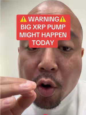The cover image features a close-up shot of a bald man with a mustache, looking directly at the camera with a surprised expression. A red banner with white text overlay is placed above his eyes, reading "WARNING BIG XRP PUMP MIGHT HAPPEN TODAY". The background is a plain white wall.