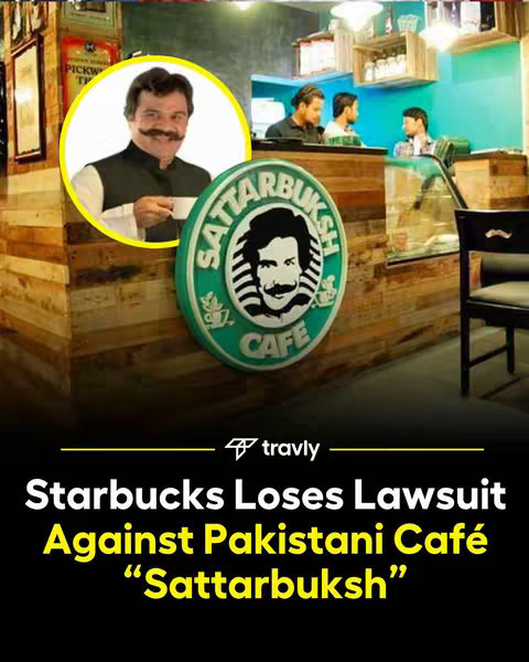 The cover image is a composite. It features the sign of the Sattarbuksh cafe superimposed on the background which is a view inside Sattarbuksh cafe. Above and to the left is a circular image of a man holding a cup of coffee with a mustache. Text below the sign reads "Starbucks Loses Lawsuit Against Pakistani Café “Sattarbuksh”" in bold, yellow font on a black background.