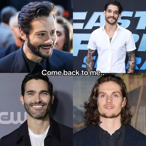 A collage featuring four headshots of male actors from the TV show Teen Wolf. The images are arranged in a 2x2 grid. The hook text "Come back to me.." is centered at the bottom of the collage.