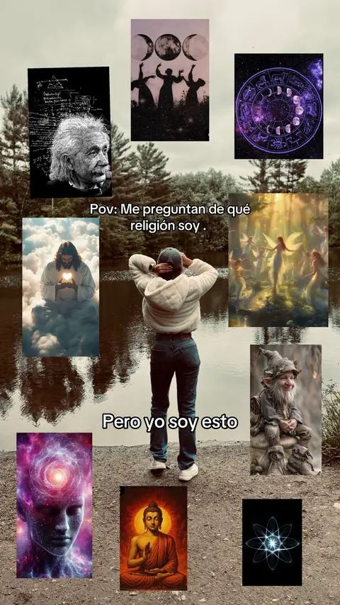 The image is a collage-style composition. A person stands with their back to the camera, hands on their head as if contemplating. They are centered, and various images surround them. These include a portrait of Einstein, a depiction of a Zodiac wheel, a depiction of Buddha, a depiction of Jesus, images with magical elements, and other spiritual imagery. The background seems to be outdoors with water and trees.