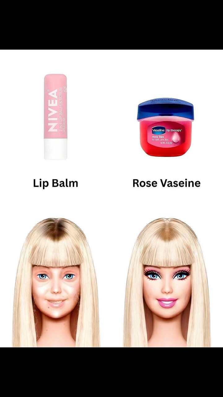 The image shows two skincare products: Nivea lip balm and Vaseline rosy lips with its ingredients and another pair of Barbie heads with two different makeups, representing a before and after comparison.