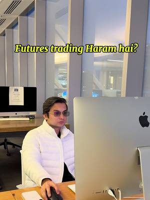 A man wearing sunglasses is seated in front of a computer screen. The cover image is dominated by the man and the computer monitor. Above the man's head is the question, written in yellow, is 'Futures trading Haram hai?' The background is out of focus; it appears to be a well-lit office interior.