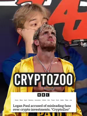 The cover image is a collage featuring multiple elements. The primary focus is on a composed image of Logan Paul, shirtless and looking upwards, overlaid on top of another person whose face is blurred. The text overlay displays the word 'CRYPTOZOO' in bold yellow over a black background with white border. Below this is a screenshot of a 'BBC' news article.