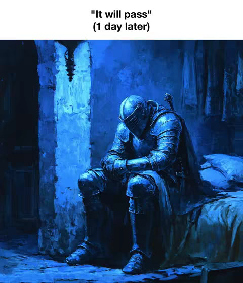 An artistic image of a medieval knight, clad in shining armor, sitting dejectedly on a bed. The scene is bathed in blue hues, giving it a somber, melancholic atmosphere. The knight has his helmet on, obscuring his face, and he is hunched over with his hands clasped. The background suggests a dimly lit chamber, with curtains and a glimpse of a window, enhancing the overall sense of solitude and despair. The style leans towards a painted or illustrated look.