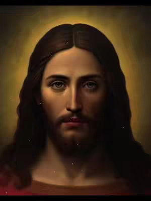 A portrait of Jesus with long brown hair and a beard, set against a soft, golden background that creates a halo effect.