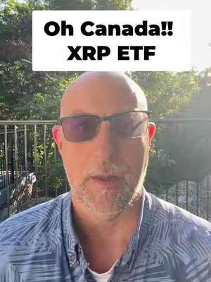 A man with a bald head wearing sunglasses and a blue patterned shirt stands outdoors in front of a blurry background of trees and a fence. An overlaid graphic at the top reads "Oh Canada!! XRP ETF".