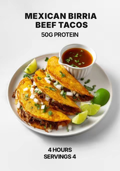 A photograph showcases a plate of three golden-brown tacos, filled with a dark, shredded meat and topped with chopped white onions and fresh cilantro. Lime wedges are placed on the plate as well, with a small white bowl containing a red sauce. The background is a clean white surface.