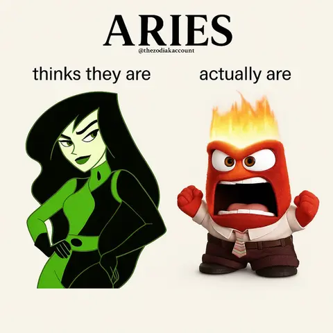 An image comparing two characters to represent how Aries zodiac signs perceive themselves versus how they are. On the left, a drawing of a woman with long black hair and a green and black outfit, confident pose. On the right, a cartoon character with an angry expression. The background is plain beige.