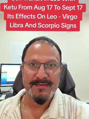 A man with glasses and a beard is centered in the frame. Above him, a red banner overlay displays text related to astrology, referencing specific zodiac signs. Soft lighting and warm color tones give the image a welcoming and personable feel. Behind him is a computer screen.