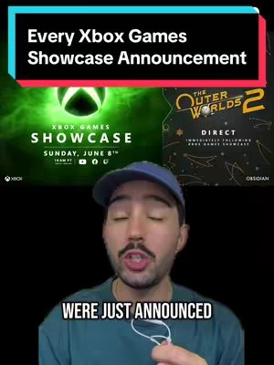 A male creator is in the foreground, speaking to the camera. Behind him are two distinct panels: an 'Xbox Games Showcase' graphic and a promotional image for 'The Outer Worlds 2 Direct'. The background is dark, providing contrast with the vibrant graphics.