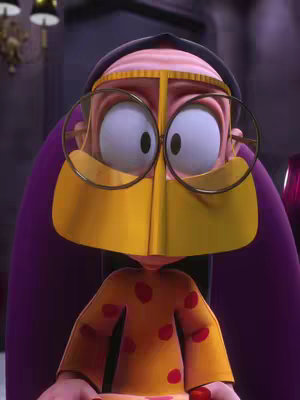 An animated cartoon character of an Arab woman with large eyes wearing a yellow niqab and round glasses. She is wearing a yellow and red polka-dot shirt, and the background is a dark purple, with hints of an interior setting.