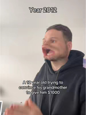A man with a distorted face, likely due to a funny filter, is on the right of the frame. Above his head it says Year 2012. The overlayed text at the bottom indicates a story about a 12-year-old attempting to convince his grandmother to give him $1000.