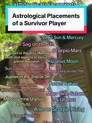 The cover image features a person with glasses, the focus is on the face. Text overlays listing astrological placements of a Survivor Player.