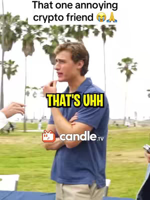 A man in a blue polo shirt stands in a park-like setting with palm trees in the background. The text overlay features a yellow box with black text that contains 'THAT'S UHH'. The man is looking slightly to the right and appears to be in a thoughtful or uncertain pose, with his index finger touching his lips. The Candle.tv logo is visible at the bottom of the frame.