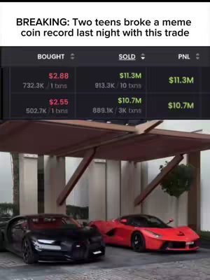 The cover image shows a screenshot of a trading platform displaying significant gains from the sale of a memecoin, along with two luxury cars parked outside a modern building.