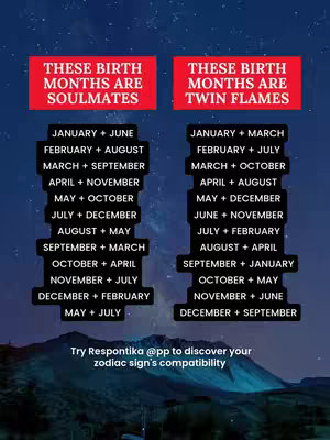 An image divided into two rectangular sections, a dark starfield backdrop, and further text elements. Each section displays a title in a bold red rectangle: 'THESE BIRTH MONTHS ARE SOULMATES' on the left and 'THESE BIRTH MONTHS ARE TWIN FLAMES' on the right. Below each title is a list of birth month pairings. At the bottom, a white text line promotes the website 'Try Respontika @pp to discover your zodiac sign's compatibility'.