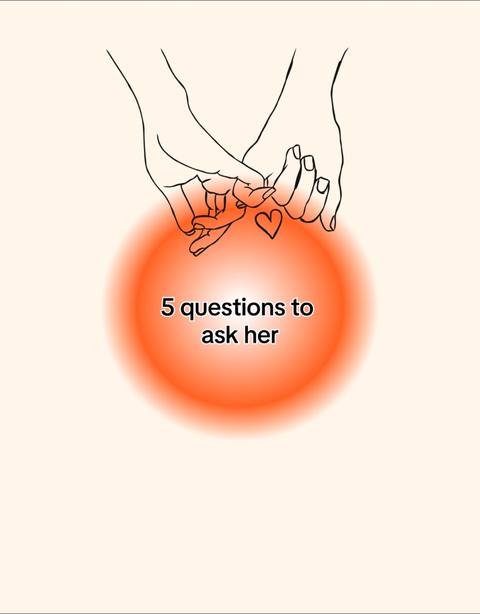 The image shows a minimalistic illustration with a pinkish-beige background. In the center, an orange gradient circle sits behind a pair of hands that are holding each other's pinky fingers. A small heart is drawn between the intertwined fingers. The text "5 questions to ask her" is written in a black, simple font, positioned in the middle of the orange circle.