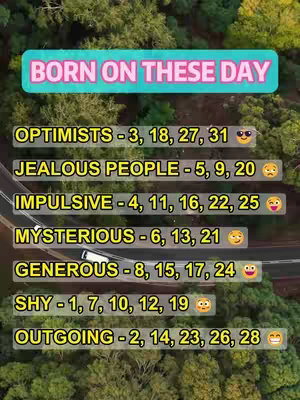 A vertical image showing a road winding through a green, tree-filled landscape. Overlaid on top are blocks of text with phrases related to personality traits and numbers, suggesting a personality test based on birth dates. A turquoise banner at the top reads 'BORN ON THESE DAY'.