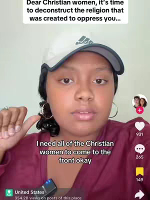 A woman with dark skin and black hair is centered in the image, facing the camera. She wears a white and gray Adidas baseball cap, large hoop earrings, and a dark red shirt. Above her head is text; below her, text. A small, blue microphone hangs in the center of her chest. The background is a plain, blurred light color with the app interface icons on the right.