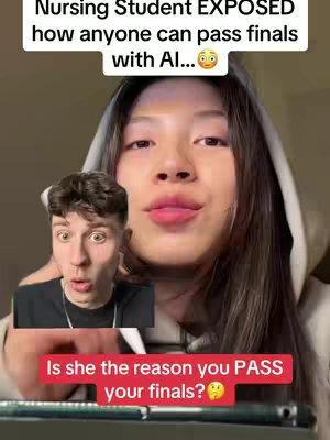 The cover image features a young woman in a hoodie looking directly at the camera, with a smaller inset image of a man reacting with surprise. Text overlays describe how to pass finals and the reason for the woman's actions.