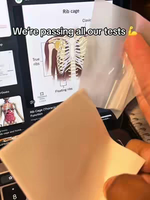 The cover image shows a person's hand holding a transparent sticky note over a laptop screen displaying a diagram of a rib cage. The laptop screen also shows other images and text. The background includes other objects, including a keyboard. The overall composition suggests a study or productivity-related video.