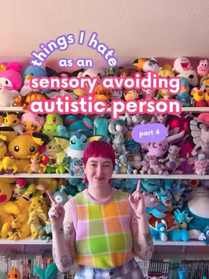 A woman with pink hair and a colorful top stands in front of shelves filled with plush toys. Text overlays in a wavy, circular shape read words about autism. The composition is visually busy with a warm, inviting aesthetic.