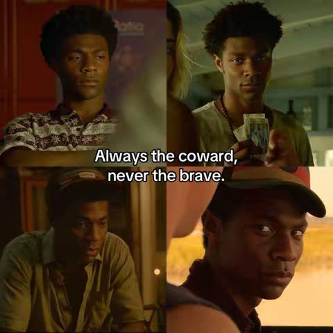 The cover image is a split-screen collage featuring four different snapshots of a young man, the primary focus. In each frame, he appears with a serious expression, and his skin tone is dark. In the upper-left quadrant, he sits indoors. The upper-right shows him holding currency. In the bottom-left a close up of the same man. The bottom-right has a closer shot of the same man looking at the camera. A text overlay in white font reads, "Always the coward, never the brave."