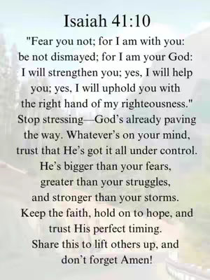 A vertically oriented cover image featuring white text against a blurred, soft background with gradients of blue and green. The text presents a religious quote from Isaiah 41:10, with added motivational phrases.