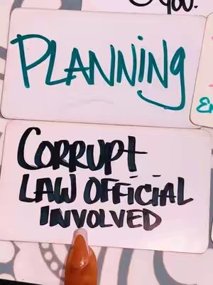 The cover image displays two cards from a tarot deck. The top card reads "PLANNING" in large, teal, handwritten-style letters. Below it, the card continues reads, "CORRUPT LAW OFFICIAL INVOLVED" in black. The foreground features a manicured hand with a long, pointed nail.