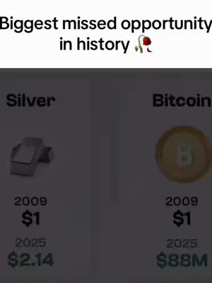 An image comparing the value of silver versus Bitcoin from 2009 to 2025. The background is a blurred gradient. The text overlay says, "Biggest missed opportunity in history". On the left is a 3D render of silver bars, and on the right is a Bitcoin symbol. Each has a '2009 $1' notation, while the 2025 values are $2.14 for silver and $88M for Bitcoin.