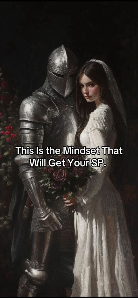 A digitally painted image depicting a knight in full armor standing protectively next to a woman in a white gown with a veil. They are surrounded by a dark, ornate backdrop, with the woman holding a bouquet of dark red roses. Text overlayed on the image states, "This Is the Mindset That Will Get Your SP."