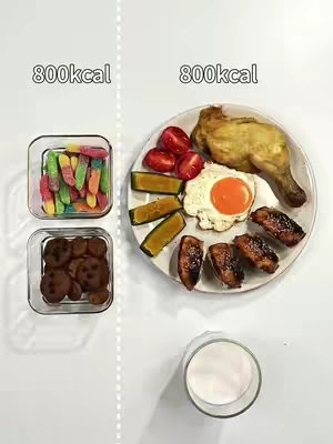 The image is divided into two halves by a vertical dotted line. On the left, there are two small, square glass containers. The top one has colorful gummy candies, and the bottom one has chocolate chip cookies. Next to them, above both, the text "800kcal". On the right side, a plate contains a fried egg, chicken, tomatoes, and cucumbers, alongside the text "800kcal". Below the plate, there's a glass of milk. The background is plain white.