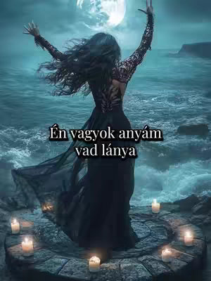 A woman in a flowing black gown stands on a stone platform with candles around it, arms raised towards a bright full moon. The background features a dark, moody seascape.