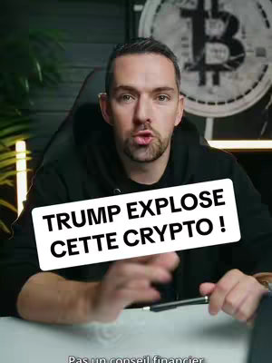 The cover image shows a man in a dark hoodie in a room with a dark background. A text overlay states 'TRUMP EXPLOSE CETTE CRYPTO!' (Trump Explodes This Crypto!). Behind the man, a large Bitcoin logo is visible. He is speaking, with what appears to be a microphone in front of him. The bottom of the image have a subtitle in french saying : 'Pas un conseil financier' (Not a financial advice).