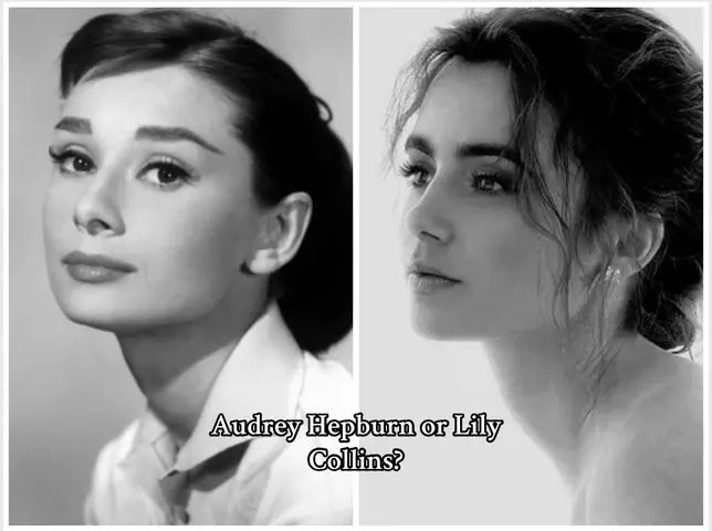 The image is split vertically in half. The left side shows a black and white close-up portrait of Audrey Hepburn, with a white collared shirt and dark hair pulled back. The right side is a similar close-up in black and white of Lily Collins, with her hair down and facing the side. Overlayed in the middle is the text 'Audrey Hepburn or Lily Collins?'