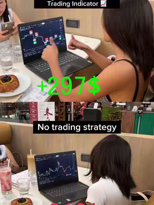 The cover image shows a split-screen shot, with top and bottom showcasing different scenes. The top features a woman, seen from the back, pointing at a laptop screen displaying what appears to be a stock chart or trading interface. Overlayed on the image is the text '+297$' in bold, green font, positioned near the woman. Another, horizontal, background overlay reads 'Trading Indicator' above, appearing in a black box. The lower scene shows another person, viewed from the back and presumably the same person, working on a laptop. They are in a cafe environment. Text at the bottom suggests 'No trading strategy'. The main color palette appears to be natural, with the green text providing a contrasting element. Daylight appears to be a factor of the lighting.